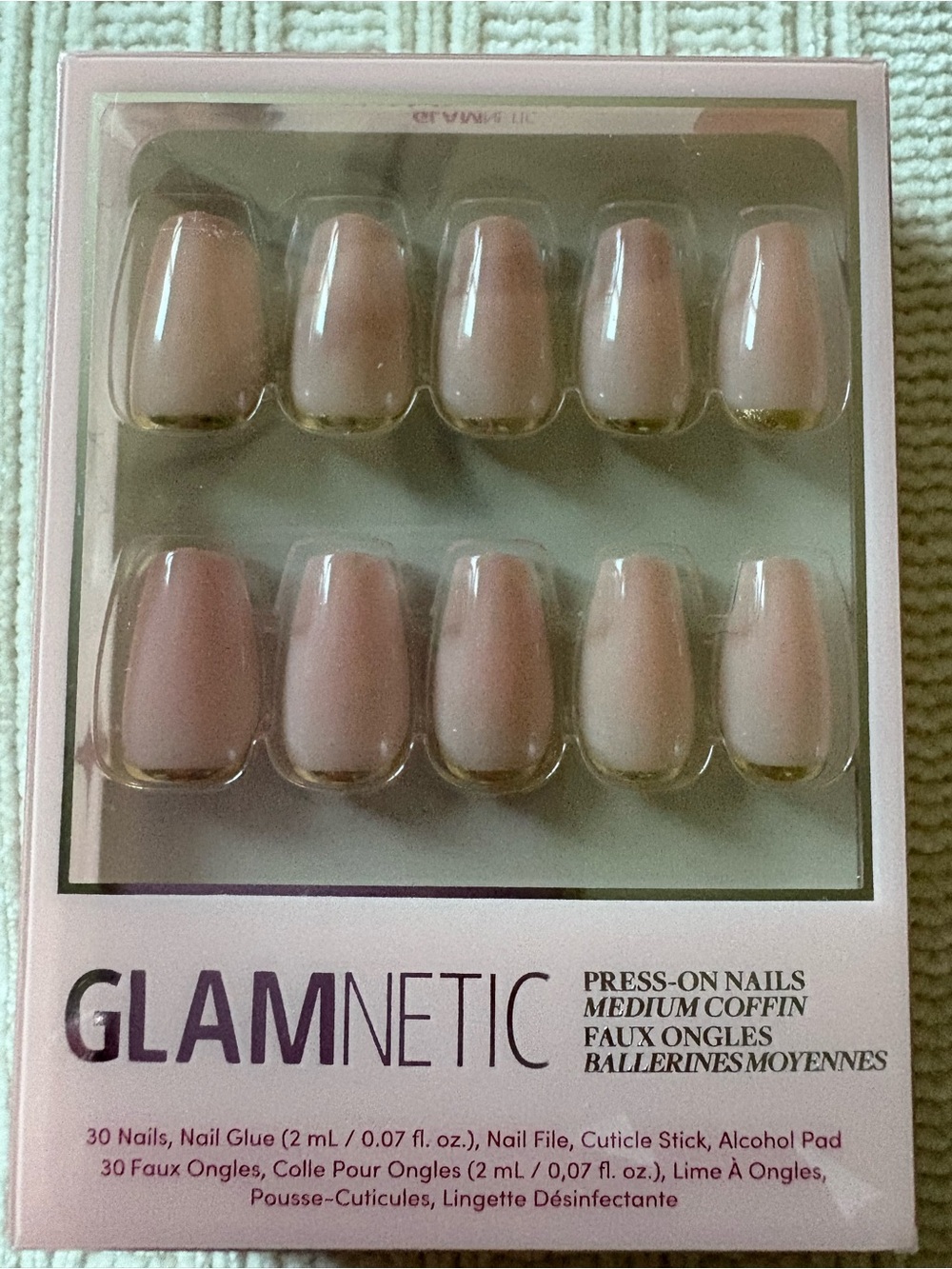 New GLAMnetic Medium Coffin Press-On Nails in Nude with Gold Tips